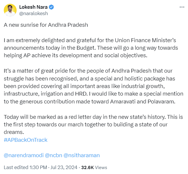 timesofindia's tweet photo. #BudgetWithTOI | Andhra Pradesh Minister Nara Lokesh thanks Centre for Rs 15,000 crore Amaravati grant
Track highlights https://t.co/PwslAlTLVu
#Budget2024 #BudgetSession #BudgetSession2024 #UnionBudget2024 #NirmalaSitharaman #TimesofIndiaLive https://t.co/Z66zlCMReZ
