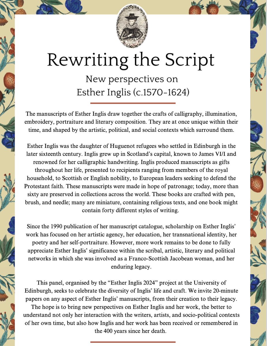 One week to go! 

Proposals are invited for a session on Esther Inglis and her manuscripts at the <a href="/RSAorg/">The Renaissance Society of America</a> 2025 conference in Boston!

See the call for papers below, and do get in touch with any enquiries...

rsa.org/page/RSAAnnual…

#RenTwitter #RenSA2025 #earlymodern