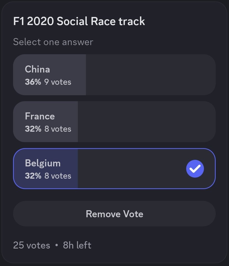 We are kicking off Season 12 on F1 2020 this Saturday! With a pre-season social race to come at one of the tracks below, our vote is looking close 👇

✅️ Join our Discord now! Sign up for Season 12 and get in on the action.

#VoteBelgium

discord.gg/D8TVRJYt85