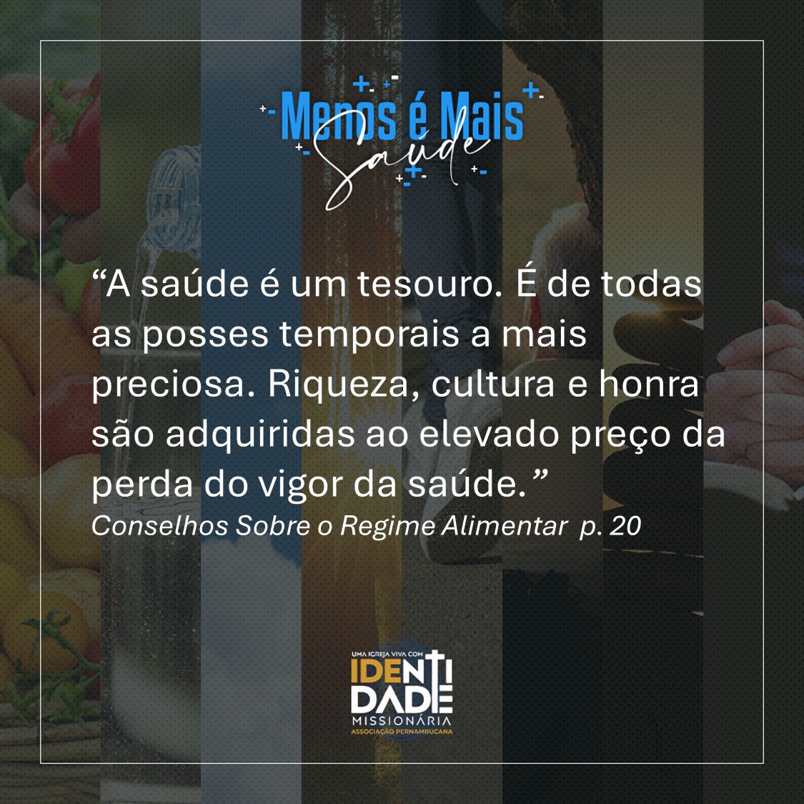 🟦 A saúde é fundamental para estarmos em harmonia com a vontade de Deus! O nosso corpo é a morada do Espírito Santo!
#APeUmaIgrejaVivaComIdentidadeMissionaria