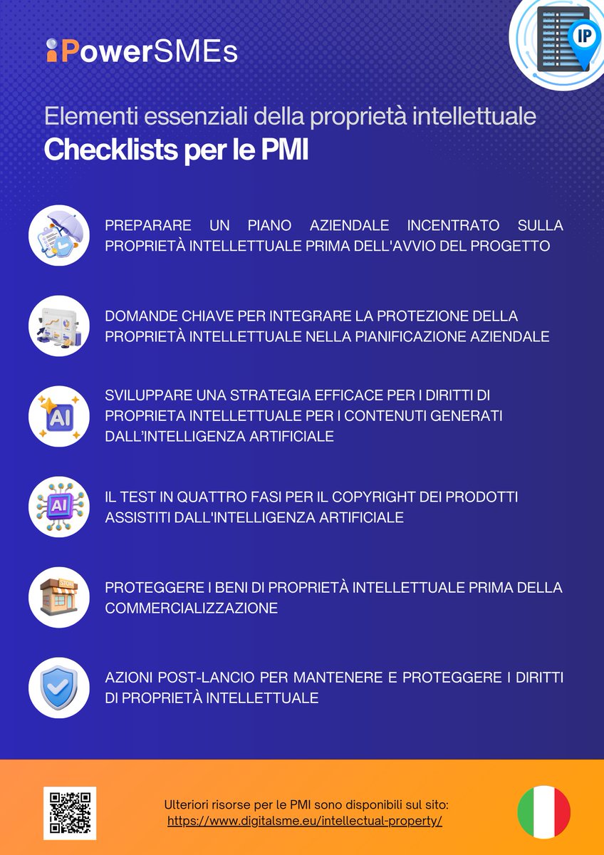 Italian Digital SME Alliance (@itdigitalsme) on Twitter photo Sei una #PMI digitale e vuoi proteggere la tua #Proprietà Intellettuale stimolando l'innovazione? L'iniziativa #IPowerSMEs ha sviluppato una serie di checklist, consultale qui 👉digitalsme.eu/ip-guidelines-… #Innovazione #IPowerSMEs #Imprenditorialità #IA <a href="/IdeasPowered/">Ideas Powered 🇪🇺</a> Sei una #PMI digitale e vuoi proteggere la tua #Proprietà Intellettuale stimolando l'innovazione? L'iniziativa #IPowerSMEs ha sviluppato una serie di checklist, consultale qui 👉digitalsme.eu/ip-guidelines-… #Innovazione #IPowerSMEs #Imprenditorialità #IA <a href="/IdeasPowered/">Ideas Powered 🇪🇺</a>
