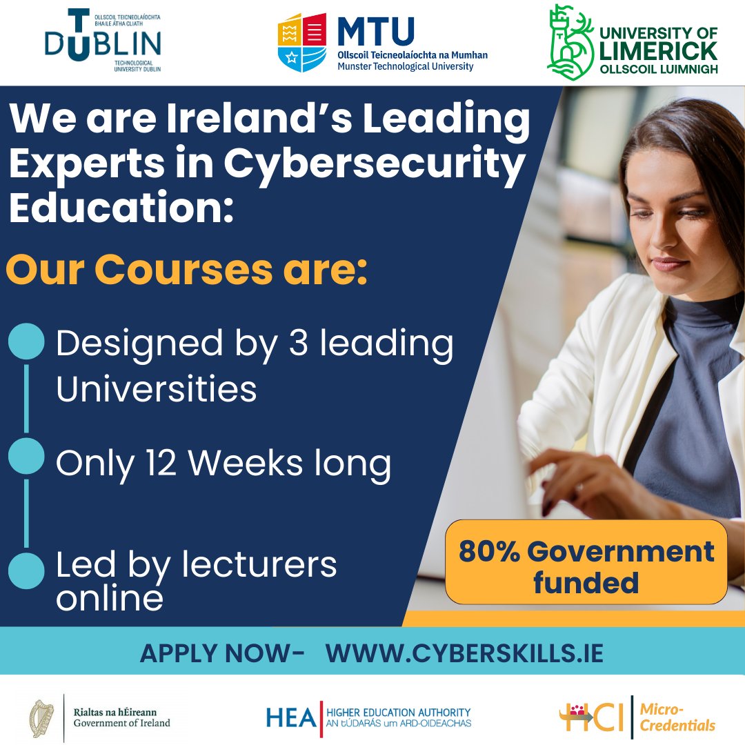 80% government funding can be yours today! Apply on the Cyber Skills website. Our courses offer convenience, a seamless application process, learning from the comfort of your own home at flexible times. Gain access to Ireland's only cyber range &amp; learn practical skills. ⌨️