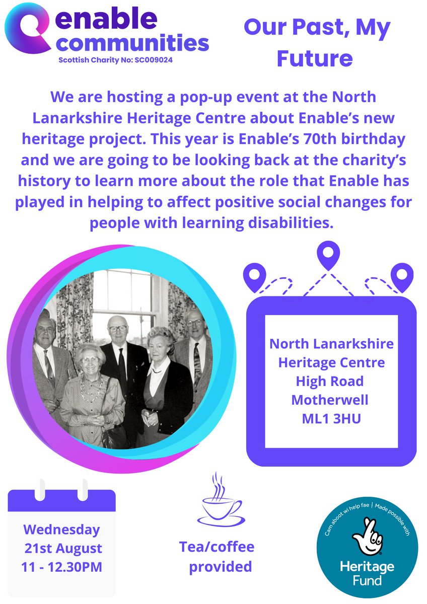 A date for your diary! We’re hosting a pop-up event at the NL Heritage Centre in Motherwell all about our Heritage Project. We’re looking back at our <a href="/Enable_Tweets/">Enable</a> history. Why not join us! #dateforourdiary