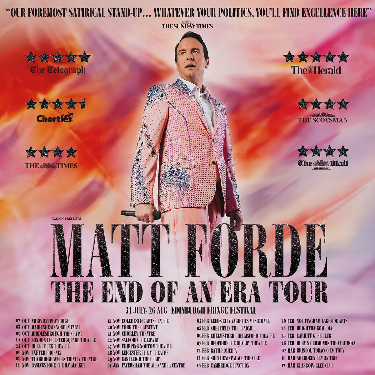 My 'End of an Era Tour' starts at the Edinburgh Festival and tours nationwide until March 2025.

God knows what state the world will be in by then. 

Come and see me while I'm still alive.

(I'll be alive, I'm just being silly).

🎟️: mattforde.com/live-shows
