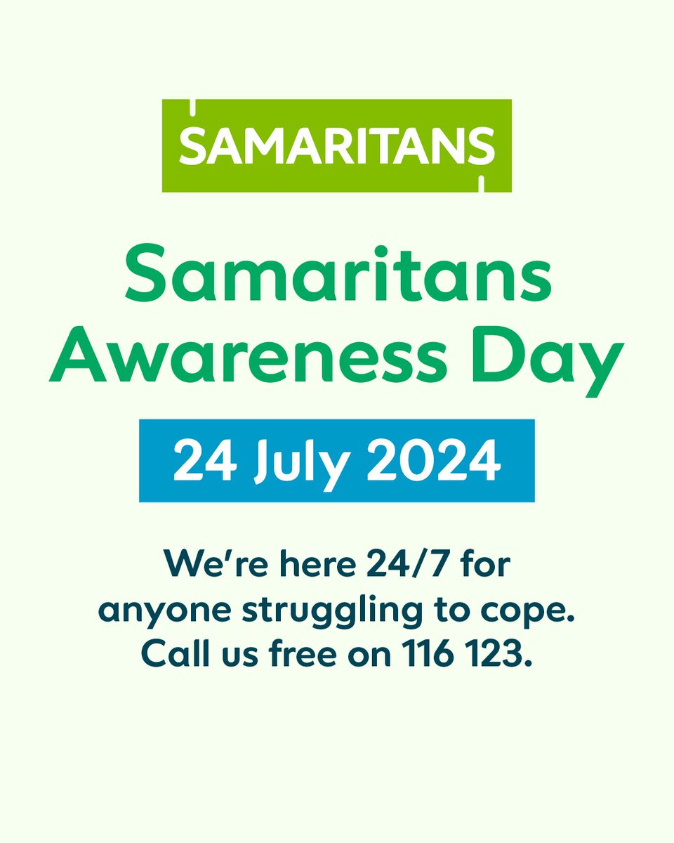 Bristol Samaritans (@bristolsams) on Twitter photo Tomorrow is Samaritans Awareness Day.
Please remember: whatever you're going through, we're here for you to offload if you're struggling to cope.
We'll listen to you, without judging.
Call 116 123 or email jo@samaritans.org. Tomorrow is Samaritans Awareness Day.
Please remember: whatever you're going through, we're here for you to offload if you're struggling to cope.
We'll listen to you, without judging.
Call 116 123 or email jo@samaritans.org.