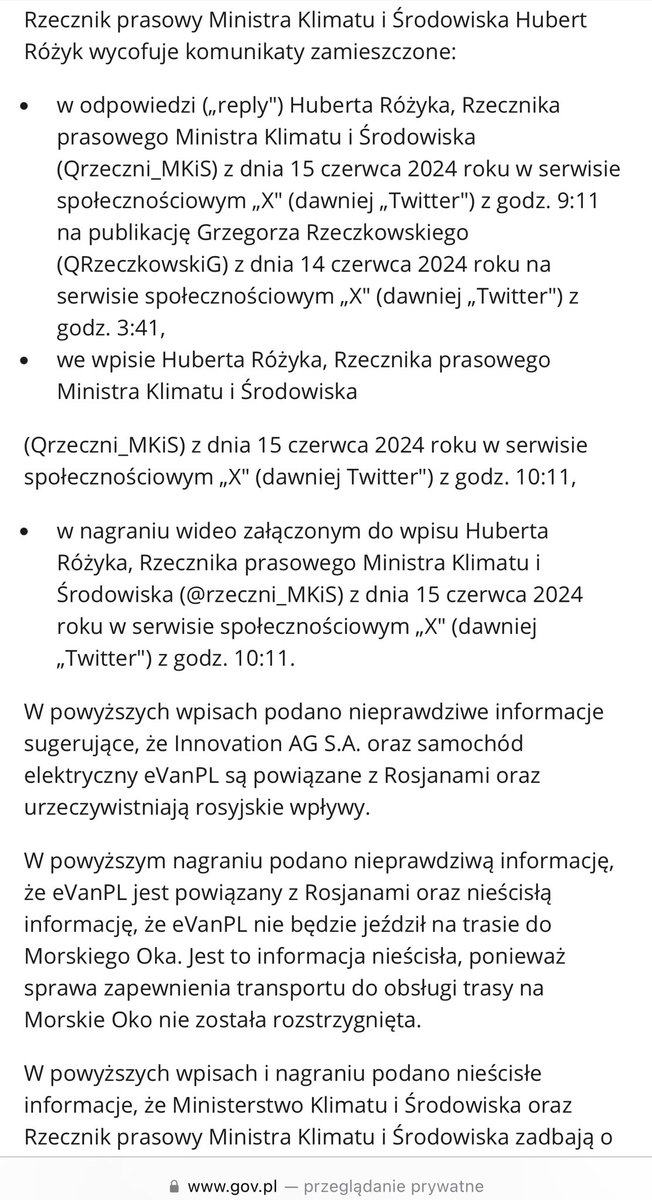 Szanowni Państwo, 
presja, jak widać, ma sens. A bronienie swoich interesów i dobrego imienia, tym bardziej 💪
<a href="/MKiS_GOV_PL/">Ministerstwo Klimatu i Środowiska</a> , nie dało się ostatecznie zmanipulować redaktorowi Rzeczkowskiemu, który z uporem maniaka forsuje swój nieprawdziwy przekaz o spółce Innovation AG S.A.