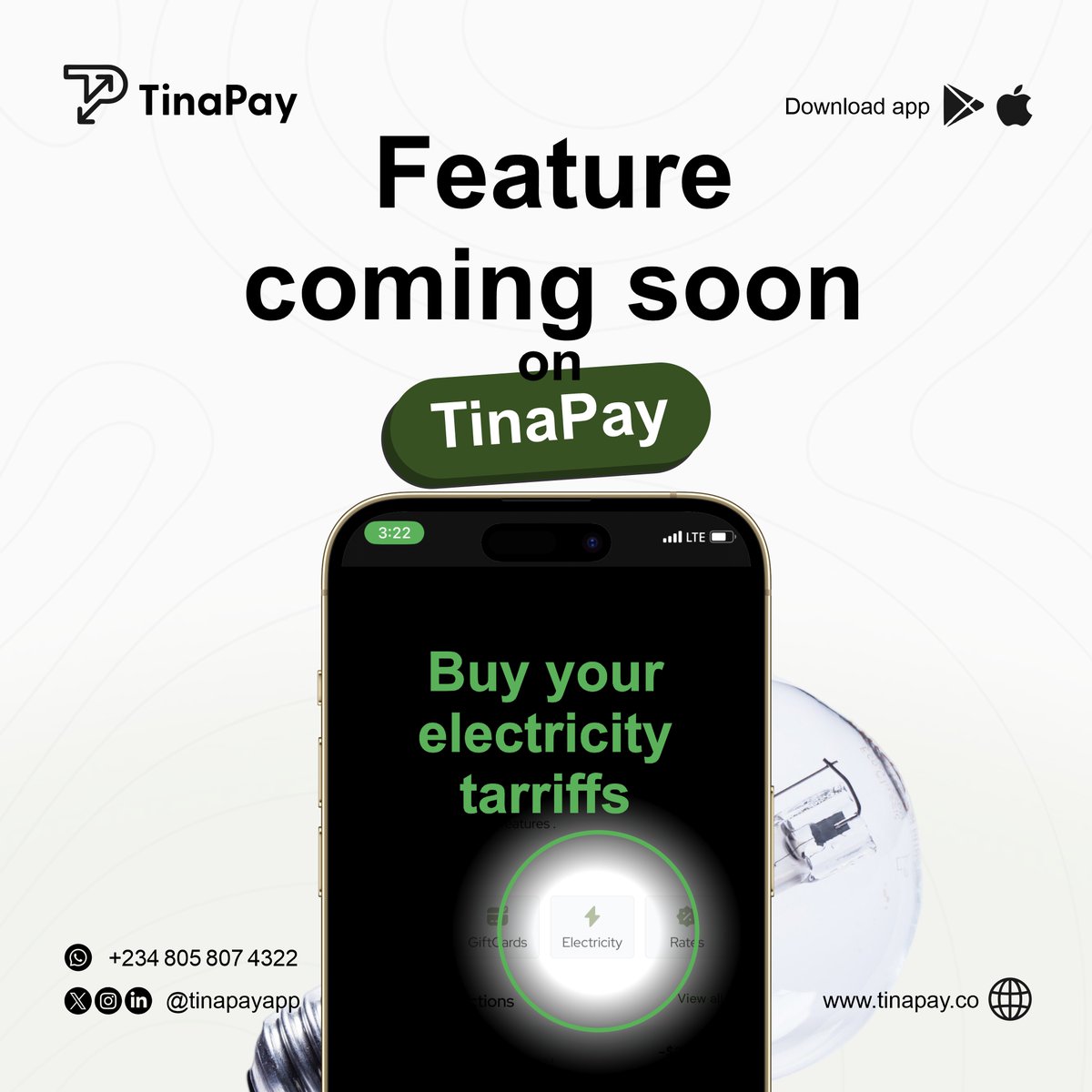 TinaPayapp's tweet image. Coming soon! A new TinaPay feature: 
Paying your electricity tariffs directly within the app! 

Stay tuned for the official unveiling of the Tinapay app revamp.

#TinaPay #Finance #EEDC #AEDC #NEPA