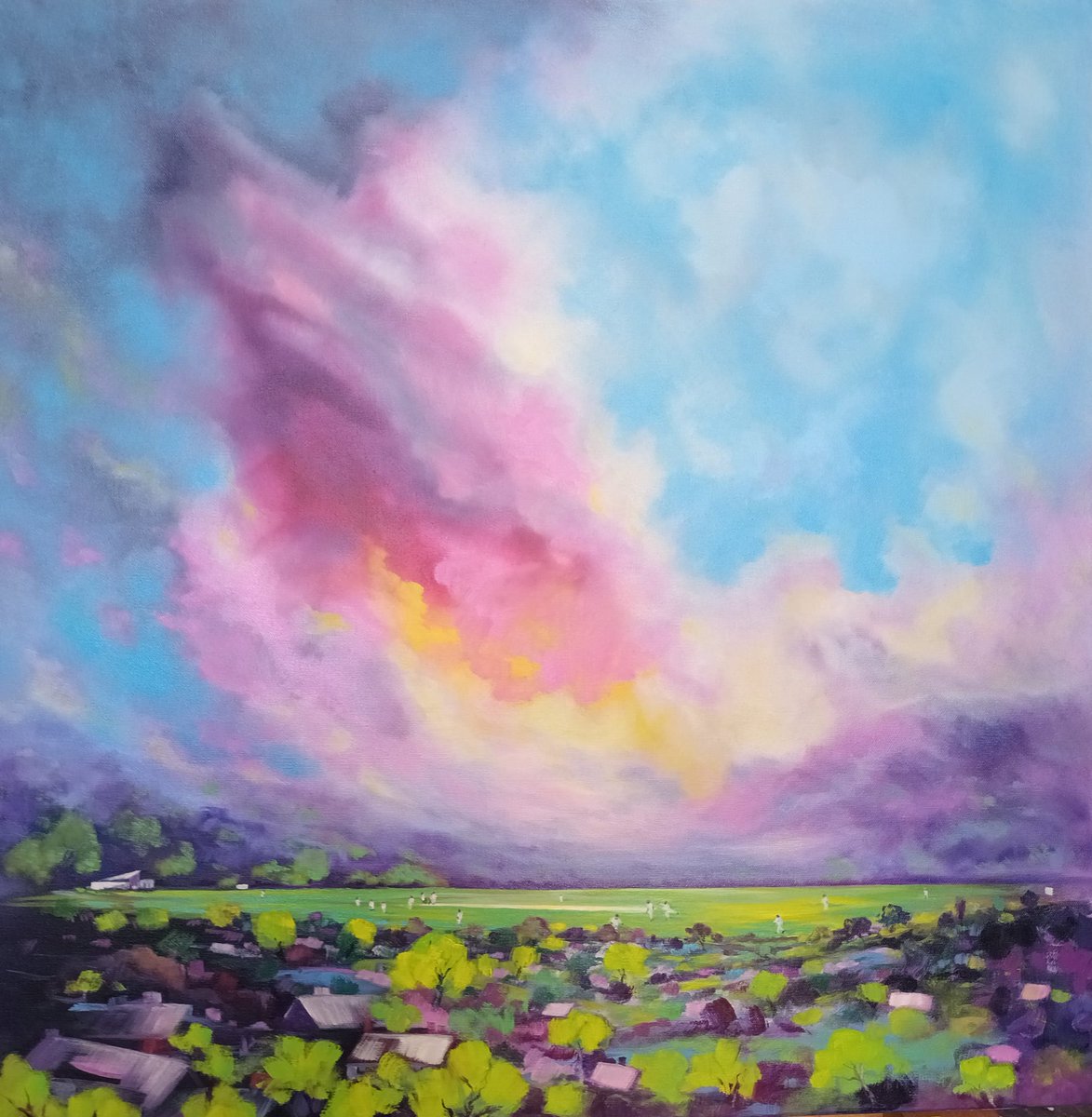 The Opening Cricket Match, Ilkley, 2022, by Jo Dexter, opera singer turned artist. Olicanian Cricket Club. #WomensArt #NorthernArt