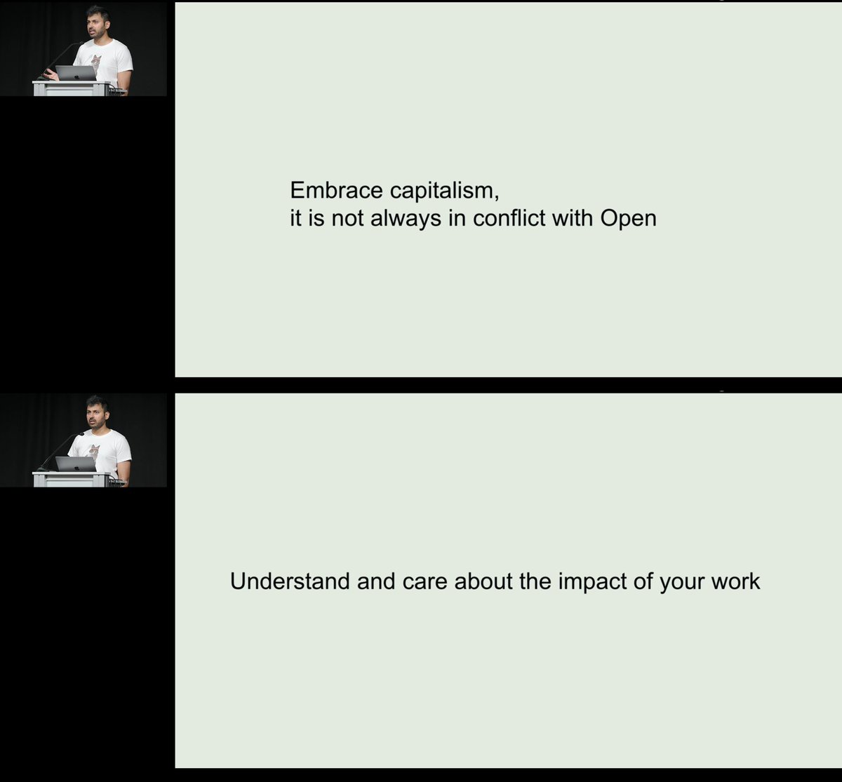 Alex Hernandez-Garcia (@alexhdezgcia) on Twitter photo Opening keynote at #ICML2024 by <a href="/soumithchintala/">Soumith Chintala</a>. These slides came one after each other.
Can you really embrace capitalism and at the same time care about the impact of your work?
Alternative suggestion: Understand and care about the impact of capitalism Opening keynote at #ICML2024 by <a href="/soumithchintala/">Soumith Chintala</a>. These slides came one after each other.
Can you really embrace capitalism and at the same time care about the impact of your work?
Alternative suggestion: Understand and care about the impact of capitalism
