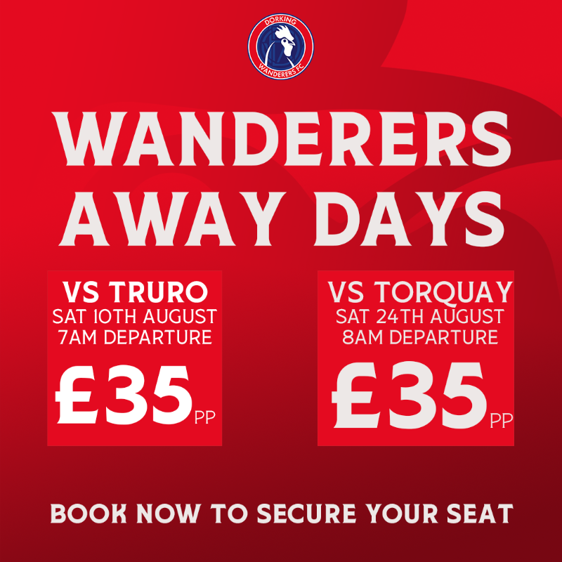 DorkingWDRS's tweet photo. Wanderers away days are back 🚌

Support the boys on the road in our opening two away fixtures as we head down south ⬇️

1⃣ Truro City - Sat 10th Aug - 7am departure
2⃣ Torquay United - Sat 24th Aug - 8am departure

Tickets are only £35pp - Don't miss out ⤵️