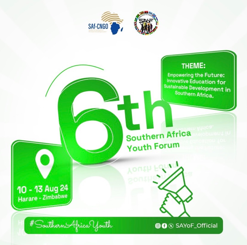 Getting geared for the 6th Southern Africa Youth Forum. 

📌Theme: Empowering the Future: Innovative Education for Sustainable Development in Southern Africa!

🗒10 - 13 August 2024
📍Harare, Zimbabwe🇿🇼

#SouthernAfricaYouth #6thSouthernAfricaYouthForum