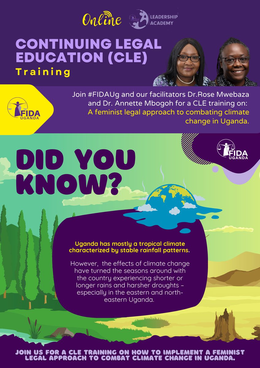 FIDA_Uganda's tweet photo. #ThisWeek βΌοΈβ°π¨
#VirtualCLEtraining ππ»βοΈ
#FIDAULeadershipAcademy π
#ClimateChange π
Only a few days left to our virtual CLE training with Dr. Annette Mbogoh and Dr. Rose Mwebaza on: "A feminist legal approach to combating climate change in Uganda."
βοΈπβ»οΈπ±π΅π»ππ¦οΈ
Don't miss out on the opportunity to learn more about how to best combat the growing impacts of climate change and environmental degradation using a legal feminist lens.
Donβt forget to register online before attending!
π¨ Registration Link: https://t.co/VodFrEqd0u
ποΈ | Friday, 26th July, 2024
β° | 8:30 am