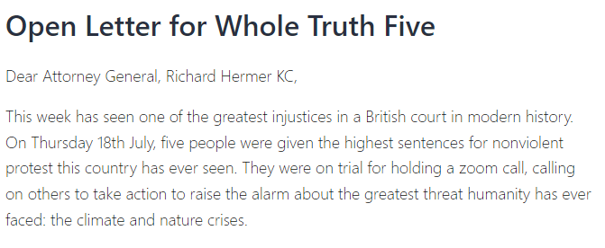 I have signed a letter in disgust over the draconian sentences for climate protestors.

What is the bigger crime: destroying our planet for profit, or asking the world to wake up and act? 

We cannot let this miscarriage of justice stand. Sign here: defendourjuries.org/wtf/