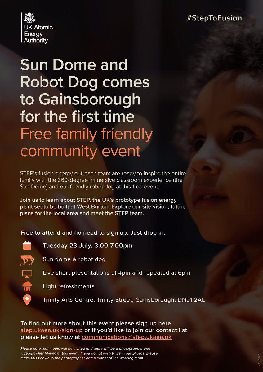 UK Atomic Energy Authority (@ukaeaofficial) on Twitter photo Today is the day! The STEP Community Event takes place at <a href="/TrinityArtsGain/">Trinity Arts Centre</a>, from 3pm! The STEP fusion energy outreach team will be there to inspire the entire family with a 360-degree immersive classroom experience (the Sun Dome 🌞) and friendly robot dog 🐶.
For full details ⬇ Today is the day! The STEP Community Event takes place at <a href="/TrinityArtsGain/">Trinity Arts Centre</a>, from 3pm! The STEP fusion energy outreach team will be there to inspire the entire family with a 360-degree immersive classroom experience (the Sun Dome 🌞) and friendly robot dog 🐶.
For full details ⬇