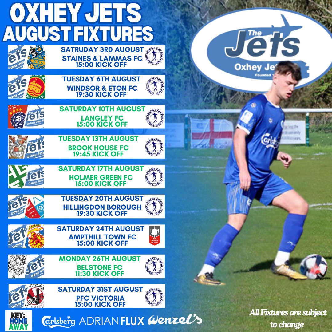 oxheyjetsfc's tweet image. AUGUST FIXTURES✈️

We can now annouce our August fixtures!

We start the season at home as we welcome a new side to The Boundary in @SLammasMiddxFC 

Our first away trip is on the 10th August as we travel to @LangleyFC_ 

Rest of the fixtures announced in due course✈️