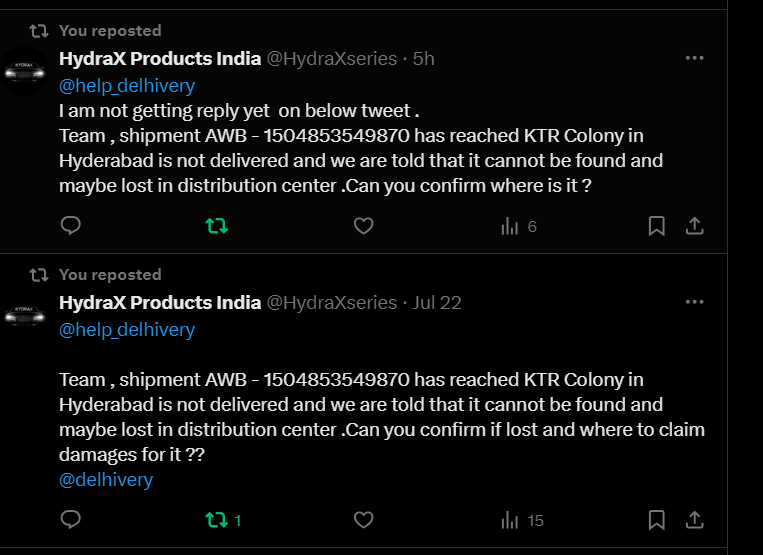 HydraXseries's tweet photo. @nch1915 Hello Consumer Helpline , I had asked for escalation for undelivered damaged shipment but its not being delivered &amp; not being responded via email or twitter as well
I had communicated @help_delhivery @delhivery several times as you can see in below image , no response https://t.co/P5hJ3RlrWi