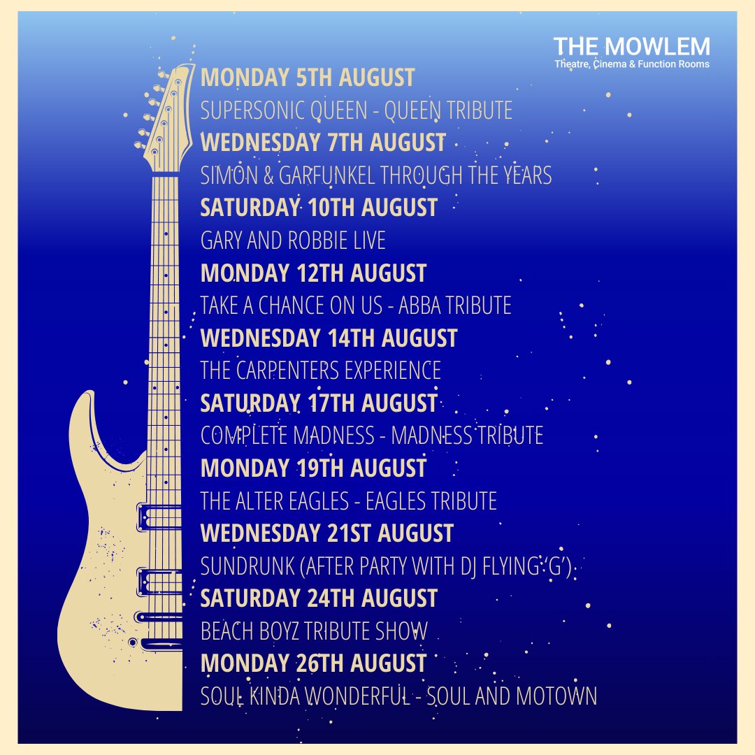 🎤🎵 Summer of Music at The Mowlem

Over August we have an amazing programme with our Summer of Music with live music by some truly fantastic musicians.

Join us over August live music in the theatre &amp; after every show there will be a DJ in the Showbar.