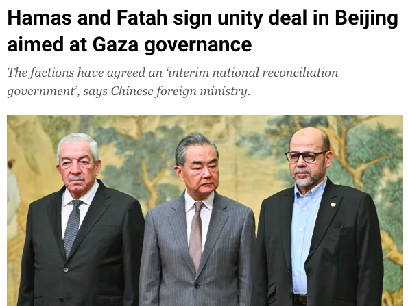 Ben_Wray1989's tweet photo. 'The Beijing Declaration' looks like a significant development in and of itself, but the broader significance is that it is Beijing where these deals are done now.

The West has removed itself as a credible peace broker in the Middle East due to its facilitation of genocide. https://t.co/dszu2TUJ0h