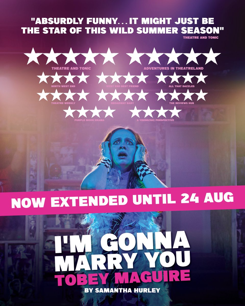 swkplay's tweet photo. Attention Girlies! 🚨 Due to popular demand (and Shelby’s charm😏), I'M GONNA MARRY YOU TOBEY MAGUIRE extends at #SwkplayBorough until 24 Aug!

Snag the first 20 tickets at £15 with the code MARRYME. Final chance to catch the most bonkers play to ever hit London 💍🎉❤️ https://t.co/M5zx0mvIt2