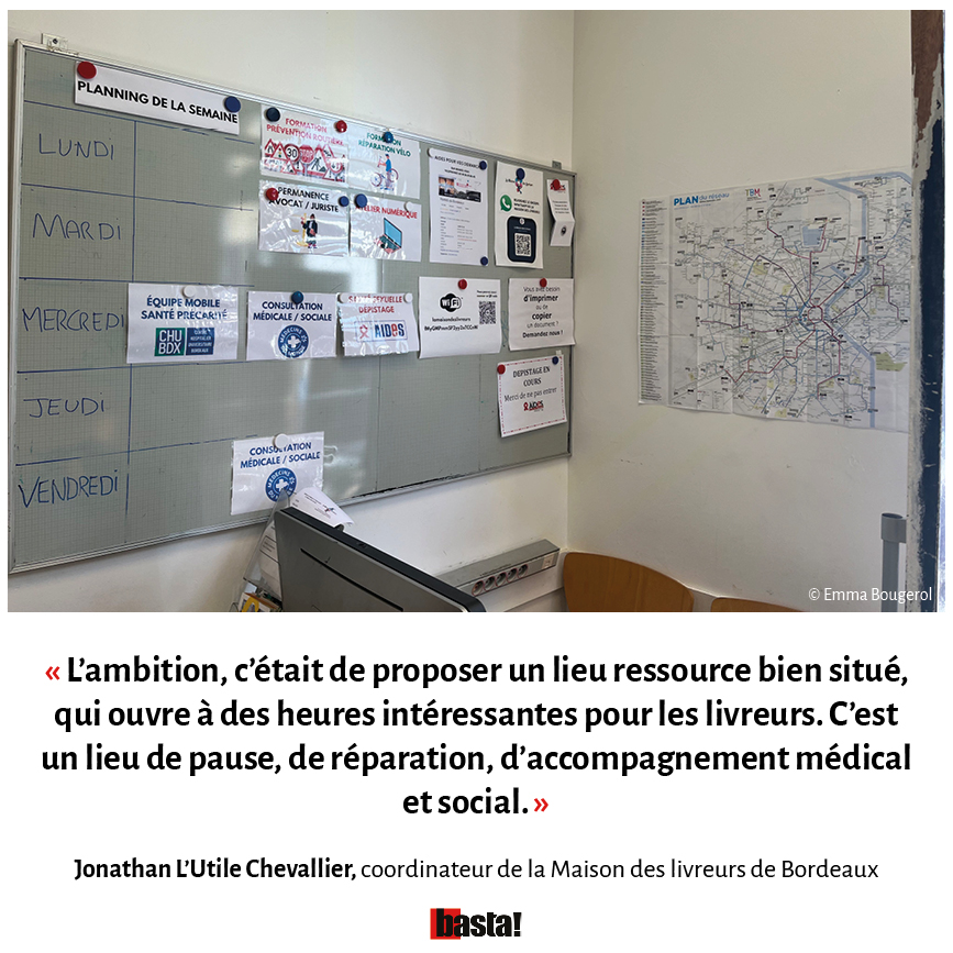 La <a href="/mdldebordeaux/">La Maison des Livreurs de Bordeaux</a>, c'est le résultat d'un partenariat entre l'Association de mobilisation et d’accompagnement des livreurs et <a href="/MdM_France/">Médecins du Monde</a>

Elle compte désormais près de 250 adhérents, dont les 3/4 ont moins de 35 ans. Une majorité sont sans-papiers.
basta.media/maison-des-liv…