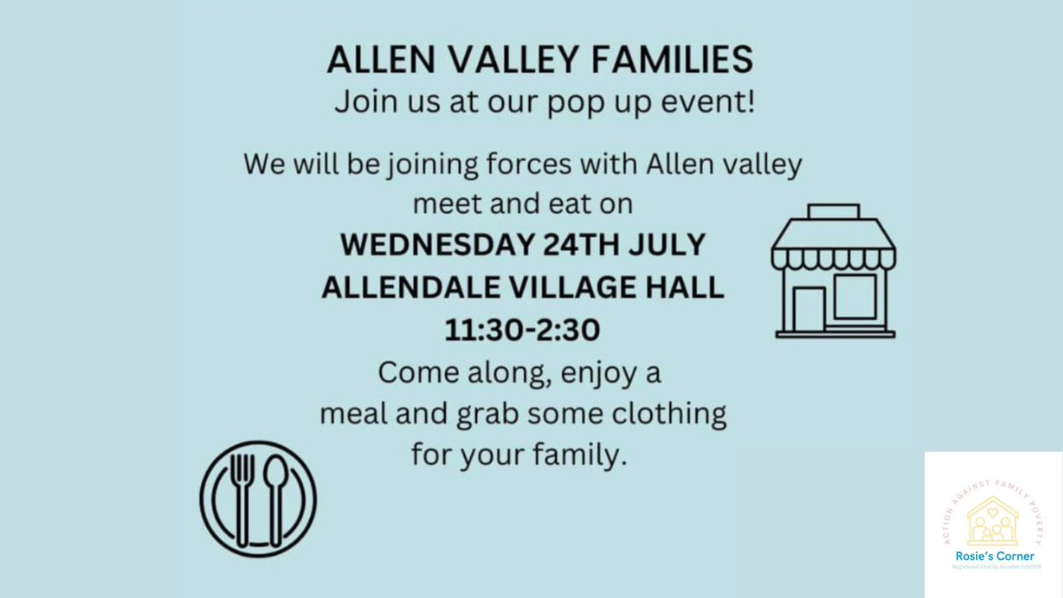 A reminder that the #Allendale MEET AND EAT pop event is tomorrow! 

📍Allendale Village Hall
🗓️ Wednesday 24th July
🕛 11.30 am - 3pm

Delicious food by Meet and Eat, children's clothing from Rosie's Corner.  Pay What you can. #Repost

#communityevent #charityevent #PAYF