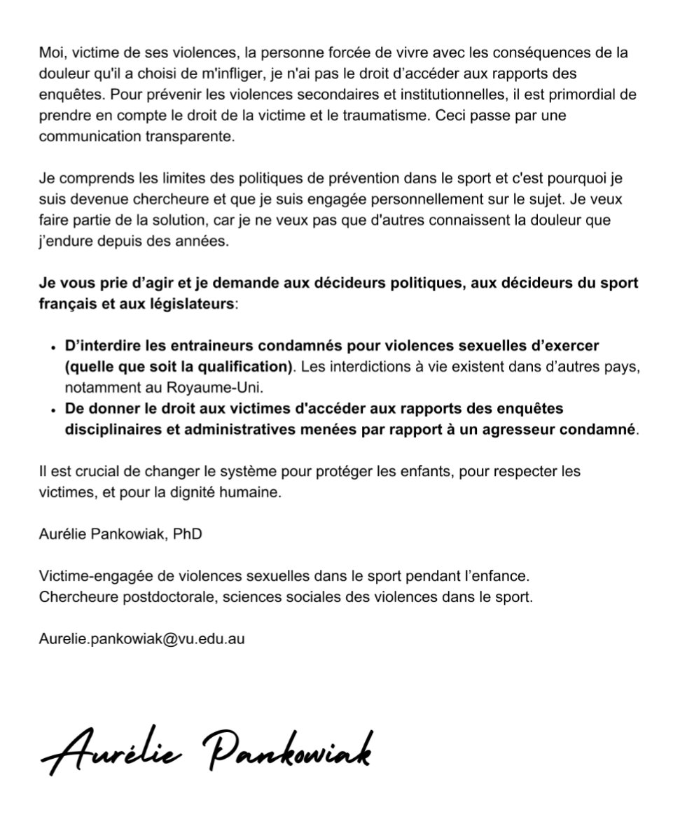 AureliePanko's tweet photo. ❗ POURQUOI UN ENTRAÎNEUR FRANÇAIS CONDAMNÉ POUR VIOLENCES SEXUELLES SUR MINEUR EST-IL AUTORISÉ À EXERCER ? Je vous remercie de partager cette lettre ouverte adressée aux décideurs.
#changethegame #JOParis2024
#VSS #maltraitance #violence #sports #justice https://t.co/Awjk2mGzZY