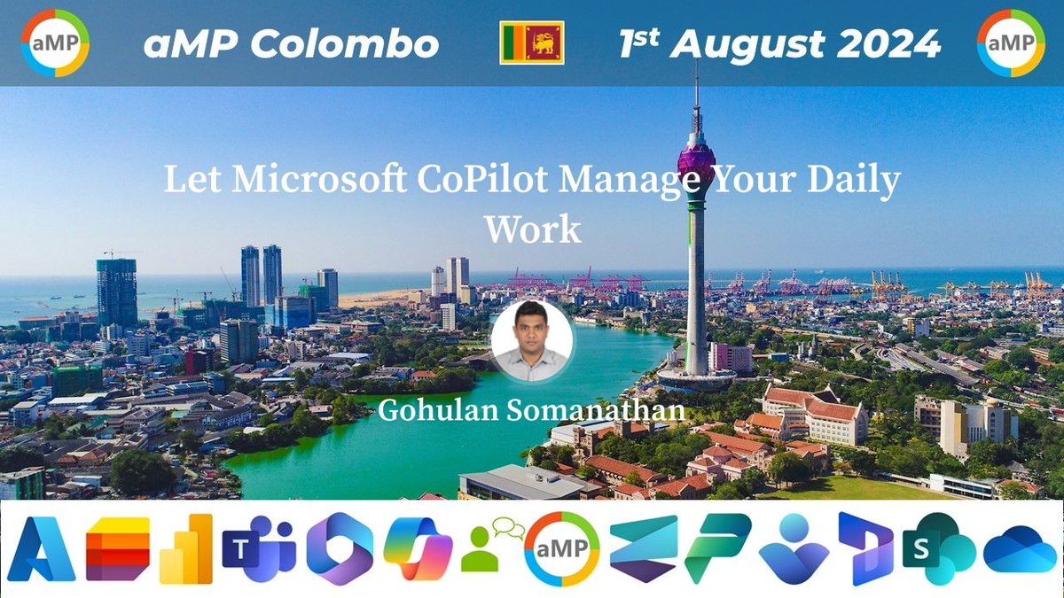 I am delighted to present "Let Microsoft CoPilot Manage Your Daily Work" at aMP Colombo on August 1, 2024.

Register Here : lnkd.in/ebefVPAR

Looking forward to see you there for a great mix of #Azure #AI #Microsoft365 #PowerPlatform
#MVPBUzz #aMPColombo <a href="/aOSComm/">aMP Community➡️#aMPDubai 🇦🇪</a> <a href="/patricg/">Patrick Guimonet 🇫🇷 ➡️#BlueSkySocial</a>