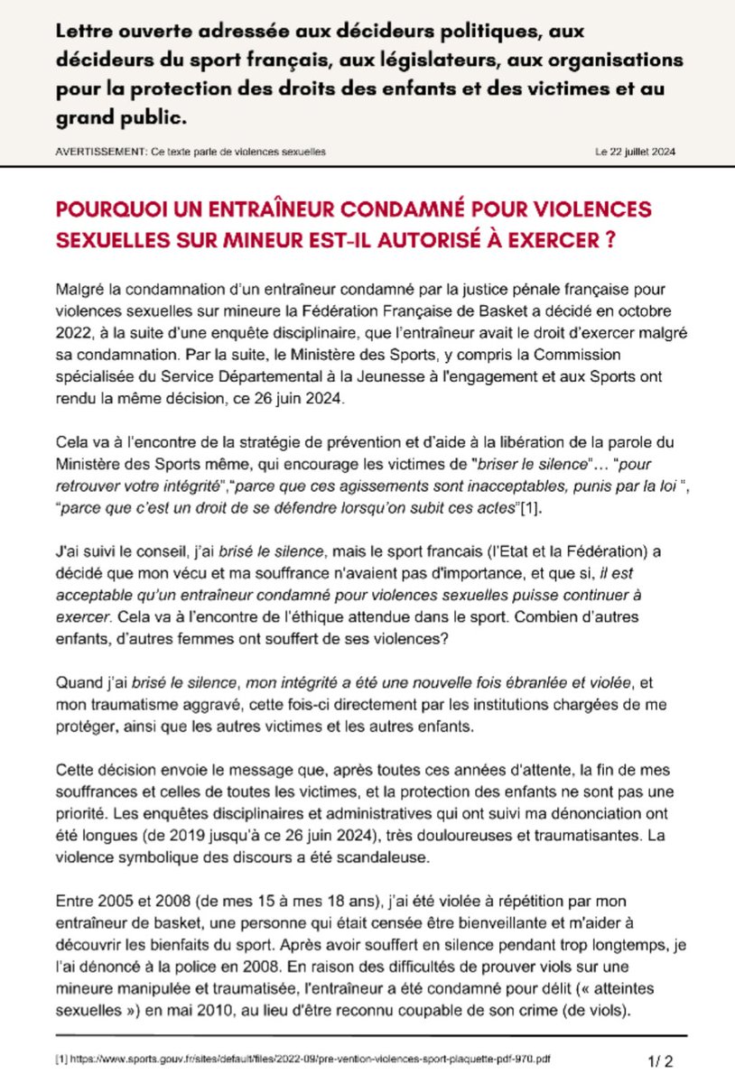 AureliePanko's tweet photo. ❗ POURQUOI UN ENTRAÎNEUR FRANÇAIS CONDAMNÉ POUR VIOLENCES SEXUELLES SUR MINEUR EST-IL AUTORISÉ À EXERCER ? Je vous remercie de partager cette lettre ouverte adressée aux décideurs.
#changethegame #JOParis2024
#VSS #maltraitance #violence #sports #justice https://t.co/Awjk2mGzZY