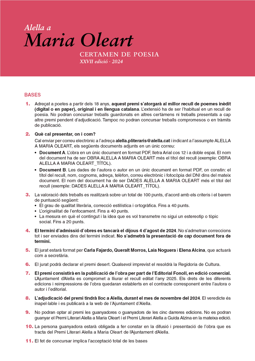 📢 Recordeu que el 4 d'agost és l'últim dia per presentar els treballs de la XXVII edició del certamen de poesia Alella a Maria Oleart i de la XXIII edició del certamen de contes Alella a Guida Alzina #Alella #Maresme

ℹ️ Podeu consultar les bases a 👉 alella.cat/22274