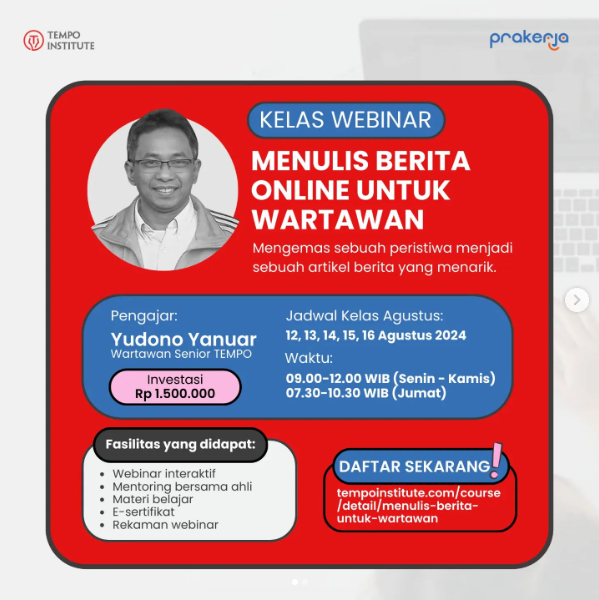 TempoInstitute's tweet photo. Selalu ingin memahami dunia jurnalistik dan bagaimana menulis berita yang bisa memikat pembaca? Tempo Institute hadir untuk mewujudkan impianmu!
Ikuti pelatihan "Menulis Berita Online untuk Wartawan" bersama Tempo Institute!
https://t.co/P2bYGEJNHa
#Prakerja https://t.co/e8fdUnkPY4