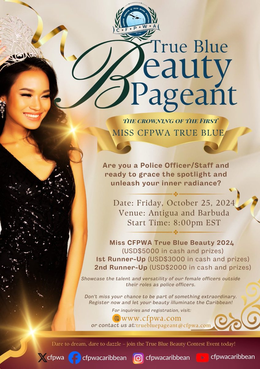 The countdown is on to the True Blue Beauty Pageant!!!

IS YOUR COUNTRY REPRESENTED? 

Wednesday 31st July 2024 is the last day for all Police Welfare Associations to submit their representatives. 

Please visit our website at cfpwa.com for more details.