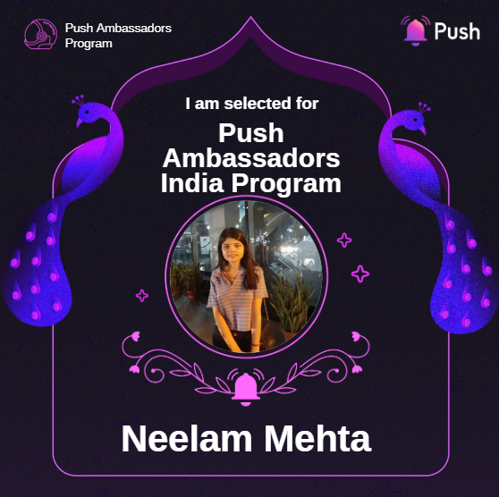 neelammehtaaa's tweet image. Thrilled to announce that I&apos;ve been selected as a Push India Ambassador!  Excited to be part of the growing web3 community and help spread the word about Push Protocol&apos;s innovative layer.

#PushIndia #web3 #decentralizedcommunication #PushAmbassadorIndia