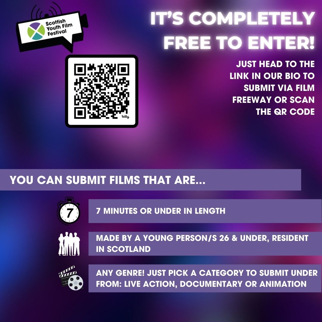 thisissyff's tweet photo. There's 1 month left to submit your short film to the Scottish Youth Film Festival! ⏰

Are you aged 26 &amp; under? 
Resident in Scotland?
Made a film 7 minutes &amp; under in length?

Then don't miss this opportunity! Enter for free here:
https://t.co/MMdflf9QmZ https://t.co/NmFoIgh9I8