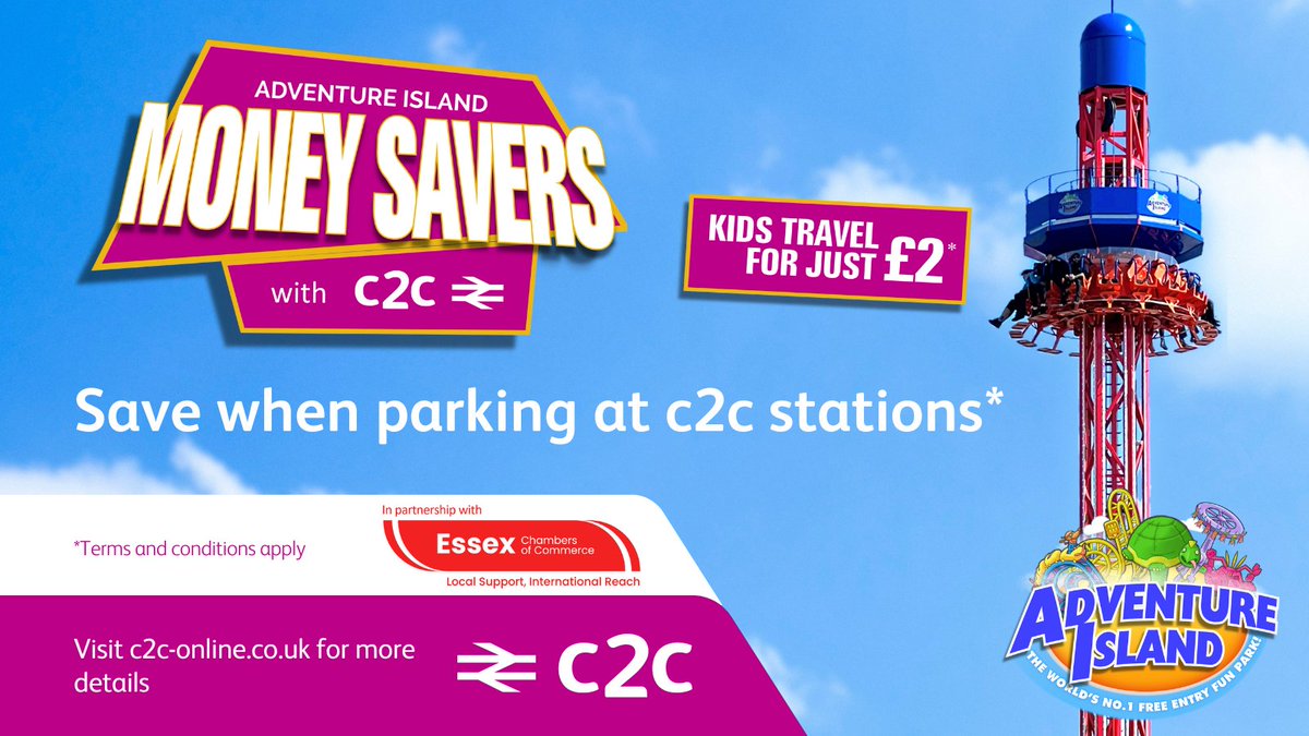 🌴We've teamed up with <a href="/Adv_Island/">Adventure Island UK</a> and <a href="/SealifeAdv/">Sealife Adventure</a>  to make it even easier to have an adventure this summer! Park and ride from our stations with off peak car parking from just £5 and kids train tickets from £2. Read more here: c2c-online.co.uk/media-centre/l…