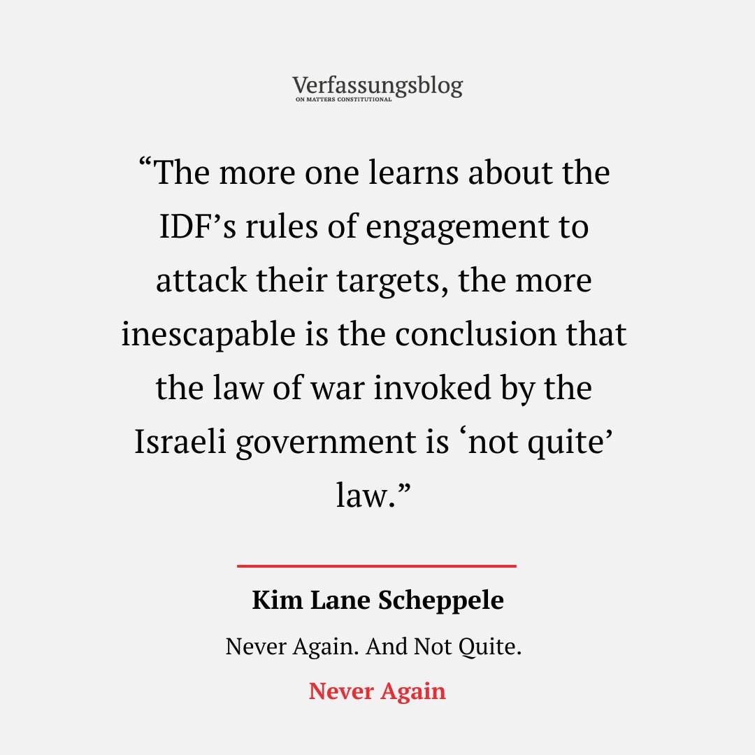 Verfassungsblog (@verfassungsblog) on Twitter photo The war in Gaza is used as a cover for the autocratic power grab in Israel.
KIM LANE SCHEPPELE (<a href="/KimLaneLaw/">Kim Lane Scheppele</a>) shows how the past horrors influence law in the present more than the dreams of an ideal future:
verfassungsblog.de/never-again-an…
<a href="/WZB_Berlin/">WZB</a>, <a href="/Runi_RCCC/">Rubinstein Center for Constitutional Challenges</a>, <a href="/EUI_Schuman/">The Robert Schuman Centre</a> The war in Gaza is used as a cover for the autocratic power grab in Israel.
KIM LANE SCHEPPELE (<a href="/KimLaneLaw/">Kim Lane Scheppele</a>) shows how the past horrors influence law in the present more than the dreams of an ideal future:
verfassungsblog.de/never-again-an…
<a href="/WZB_Berlin/">WZB</a>, <a href="/Runi_RCCC/">Rubinstein Center for Constitutional Challenges</a>, <a href="/EUI_Schuman/">The Robert Schuman Centre</a>