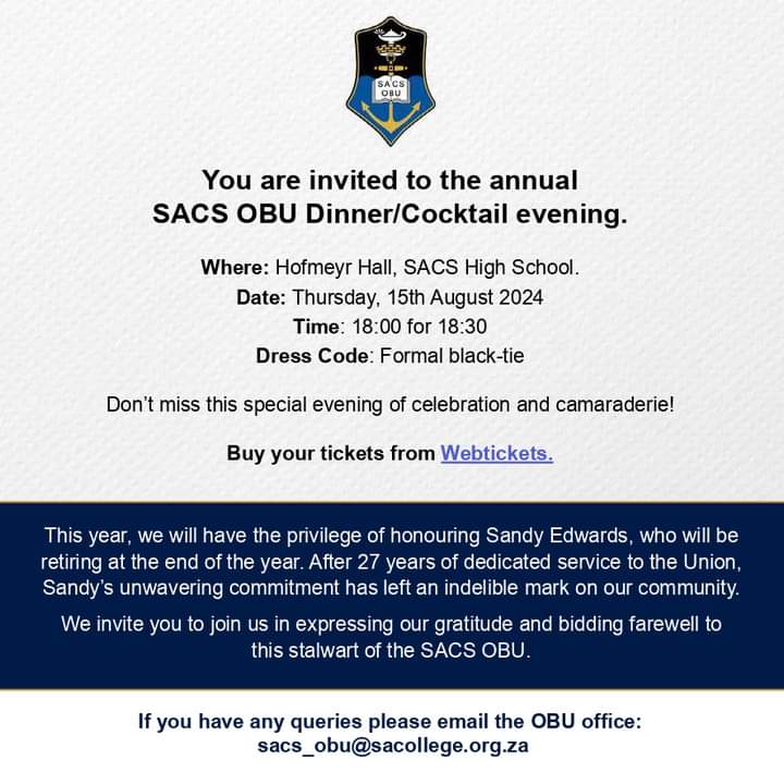 Get your tickets for the Annual Old Boys dinner which will take place at the Hofmeyr Hall.

Link to purchase your ticket.
webtickets.co.za/v2/Event.aspx?…