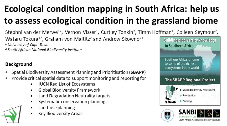 GrasslandSocSA's tweet photo. The SBAPP project aims to map and assess the ecological condition of grassland ecosystems by collating spatial data on key ecological threats to grassland ecosystems (bush encroachment, overgrazing, fire regime disruption, IAPs). .#GSSACongress59 #SBAPP #SANBI #UCT
@stephnivdm https://t.co/kNfedWHM9H