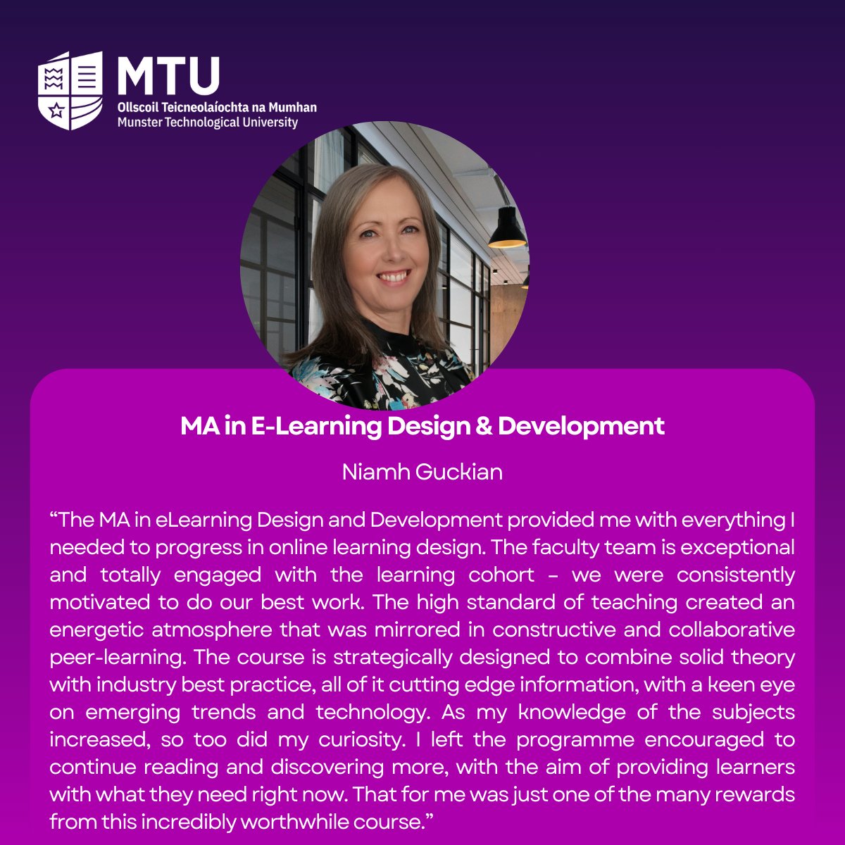 TEL Team @MTU_ie (@mtu_tel_team) on Twitter photo ❗Deadline for Applications 10th August 2024 ❗
MTU is accepting applications for our MA in E-Learning Design & Development commencing in September.
Further queries please to: edtech@mtu.ie
Testimonial: Niamh Guckian graduated from the MA in 2022. ❗Deadline for Applications 10th August 2024 ❗
MTU is accepting applications for our MA in E-Learning Design & Development commencing in September.
Further queries please to: edtech@mtu.ie
Testimonial: Niamh Guckian graduated from the MA in 2022.