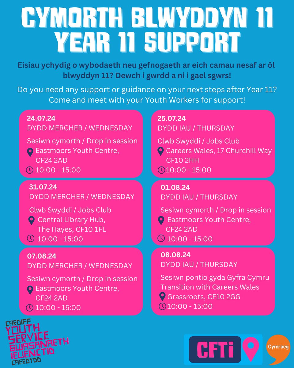 Bydd Alis a Jo yn Canolfan Ieuenctid Eastmoors yfory o 10:00 - 15:00 i helpu chi gyda'ch camau nesaf.

Alis and Jo will be at Eastmoors Youth Centre tomorrow from 10:00 - 15:00 to support you with your next steps.

Dewch draw am sgwrs! 

#ieuenctidcaerdydd #cefnogaeth #camaunesaf