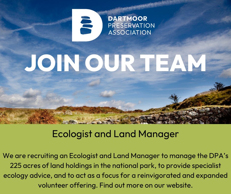 DartmoorDPA's tweet photo. JOIN US!
We are #hiring an experienced #Ecologist to manage our 4 unique Land holdings, rewrite our management plans &amp; organise #volunteers on projects all over #Dartmoor. Follow the link to find out more.

Recruiting Ecologist and Land Manager - Dartmoor Preservation Association https://t.co/AoIbDIKuh7