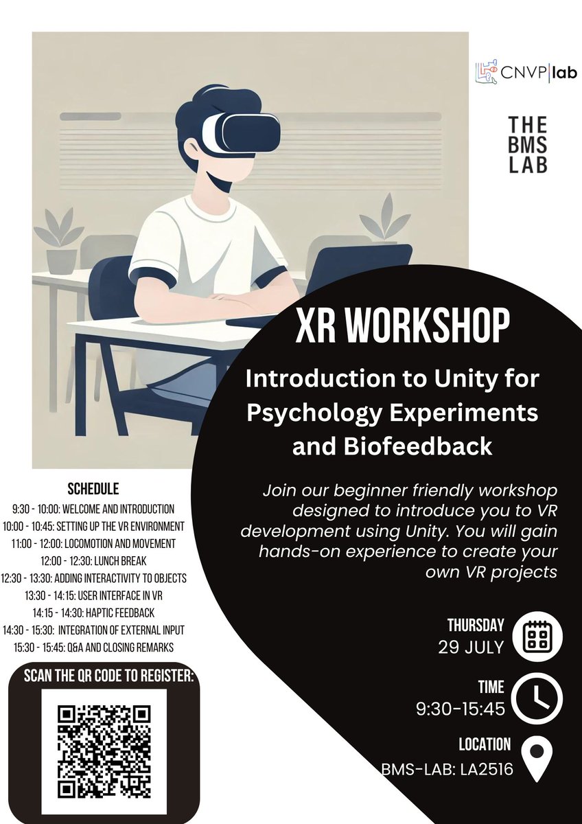 Join us for an XR Workshop next Tuesday 29th July and learn how conduct your next psychology experiment in VR by providing biofeedback. 
Register through QR code. <a href="/UTwente/">University of Twente (inactive)</a> <a href="/BMSLAB_UT/">THE BMS LAB</a>
