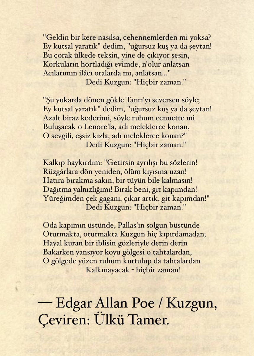 onurbayazit_'s tweet image. şu yukarda dönen gökle tanrı'yı seversen söyle;
ey kutsal yaratık" dedim, "uğursuz kuş ya da şeytan!
azalt biraz kederimi.
— edgar allan poe / kuzgun, çev: ülkü tamer.