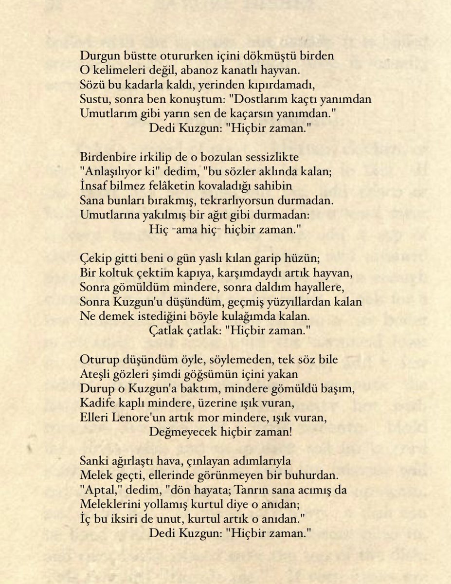 onurbayazit_'s tweet image. şu yukarda dönen gökle tanrı'yı seversen söyle;
ey kutsal yaratık" dedim, "uğursuz kuş ya da şeytan!
azalt biraz kederimi.
— edgar allan poe / kuzgun, çev: ülkü tamer.