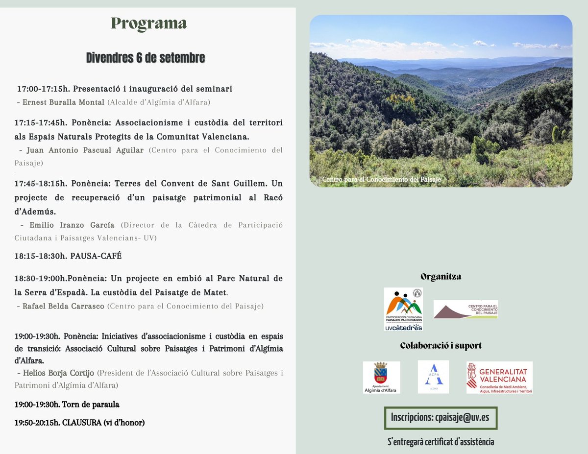 Us esperem el 6 de setembre. 
Inscripcions: cpaisaje@uv.es
#catedrapaisatges #paisatgesvalencians #custodiadelterritori #Societatcivilipaisatge #SerraEspadà #participaciociutadana