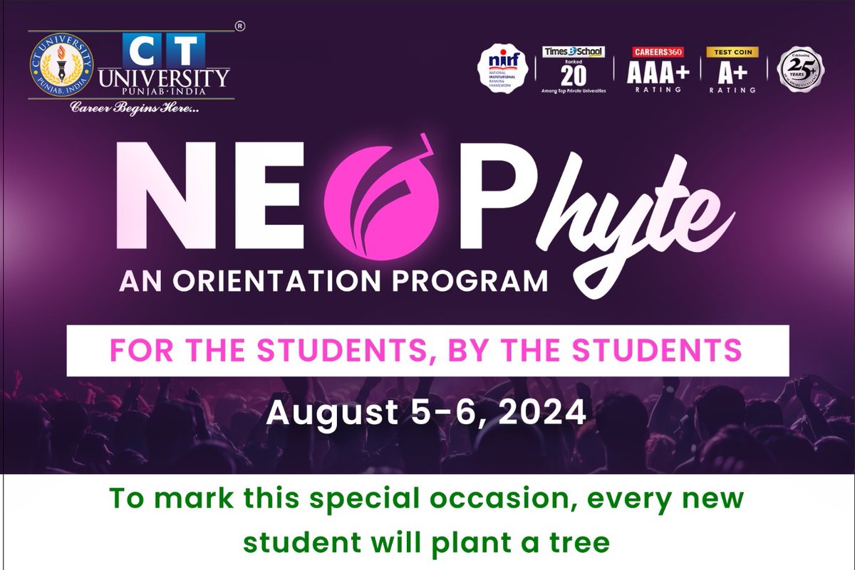 CT_University's tweet photo. We are all geared up for Neophyte - an orientation program for the students, by the students!
Join us on August 5-6, 2024, as we welcome our new peers and plant a tree to mark this special occasion.
Let's grow together!
#CTU #Neophyte #OrientationProgram #CTUForYou #TeamCT https://t.co/OmFNNqo7gW