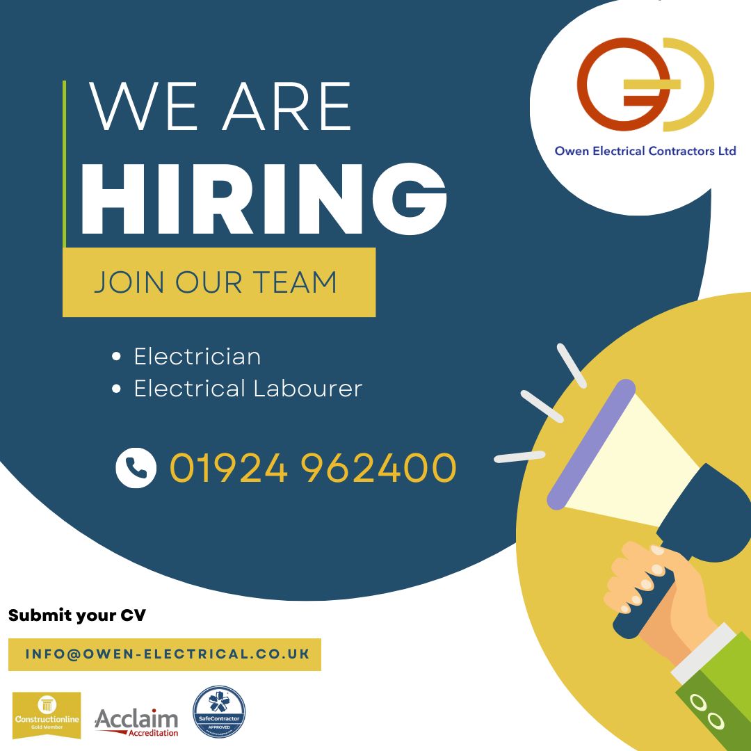 Liversedge_FC's tweet photo. Our Front of Shirt sponsor, Owen Electrical, is hiring! 🤝 

Call 01924 962400 for more info! 💡 

Submit your CV to info@owen-electrical.co.uk  

#UpTheSedge https://t.co/hJbOTTG7PK