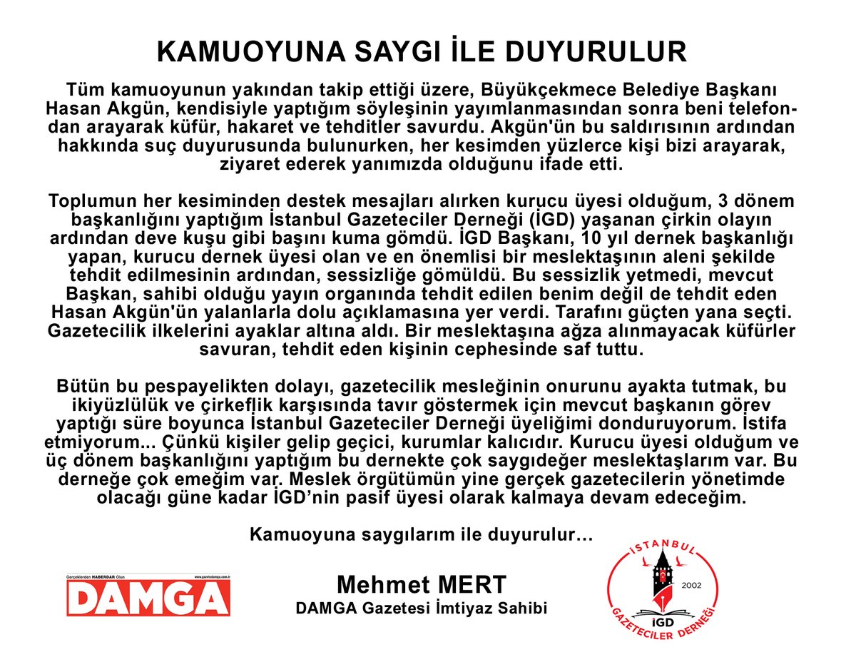 Kısa bir zaman önce göreve gelen İGD mevcut yönetiminin, ilk ciddi sınavında sınıfta kalması, meslek ilkeleri doğrultusunda değil de  çıkar eksenli hareket etmesi, omurgasız duruşu nedeniyle ben de uzun zamandan beri çatısı altında bulunduğum İGD üyeliğimi donduruyorum...
