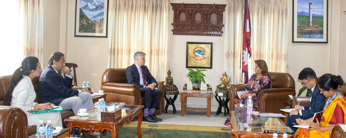 MofaNepal's tweet photo. H.E. Mr. Cameron Mackay, Non-Resident Ambassador of Canada to Nepal paid a farewell call on Hon. Foreign Minister @Arzuranadeuba today. The Foreign Minister thanked the Ambassador for his efforts in further strengthening Nepal-Canada relations. https://t.co/c24qFi8gMc