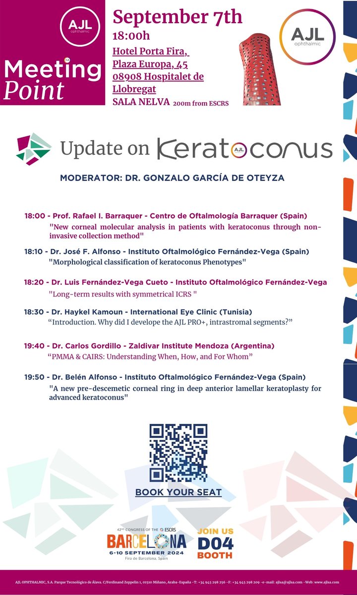 🔶 Join our UPDATE ON KERATOCONUS MEETING POINT! 

📌 We will be waiting for you next September 7th at 18:00h at Hotel Porta Fira, Plaza Europa 45, close by the ESCRS congress. Book your seat in the following link.

forms.gle/8H92MCMDCiYXpL…

#ESCRS #ESCRS2024