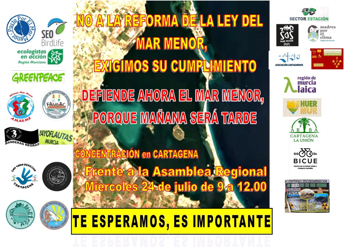Miércoles 24-Julio nos concentramos junto Asamblea Regional, mientras comparece la Negacionista (y económicamente interesada) Fundación Ingenio, en la Comisión que tramita la Modificación de la Ley 3/2020, a propuesta del PP (espoleados por VOX).
¡Ni un paso atrás!
#SOSMarMenor
